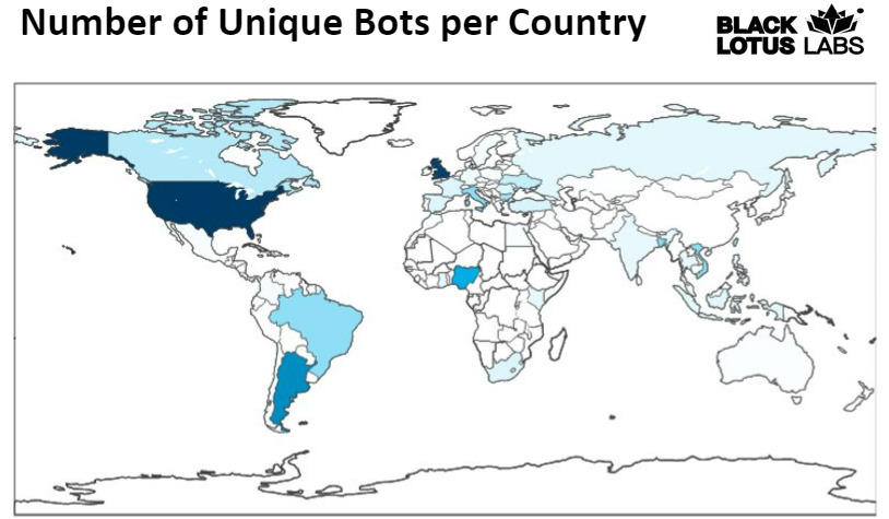 World map with of Number of Unique Bots per Country, most in US