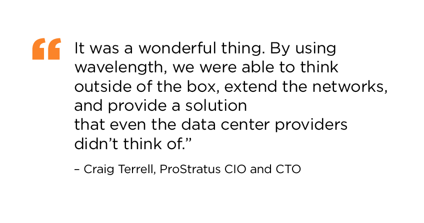 “It was a wonderful thing. By using wavelengths, we were able to think outside of the box, extend the networks, and provide a solution that even the data center providers didn’t think of.” Craig Terrell, ProStratus CIO and CTO."