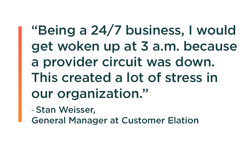 Quote from Stan Weisser, General Manager at Customer Elation: Being a 24/7 business, I would get woken up at 3 a.m. because a provider circuit was down. This created a lot of stress in our organization.