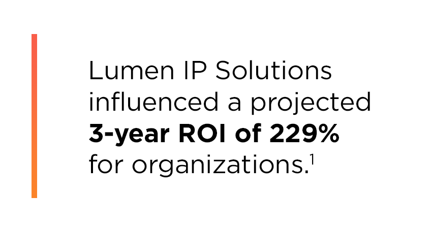 Research finding from the March 2024 IDC report entitled The Business Value of Lumen IP Solutions stating that Lumen IP Solutions influenced a projected 3-year ROI of 229% for organizations