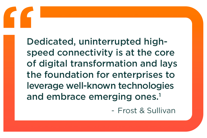 Text callout from the Frost & Sullivan North America DIA Industry Report: Dedicated, uninterrupted high-speed connectivity is at the core of digital transformation and lays the foundation for enterprises to leverage well-known technologies and embrace emerging ones.