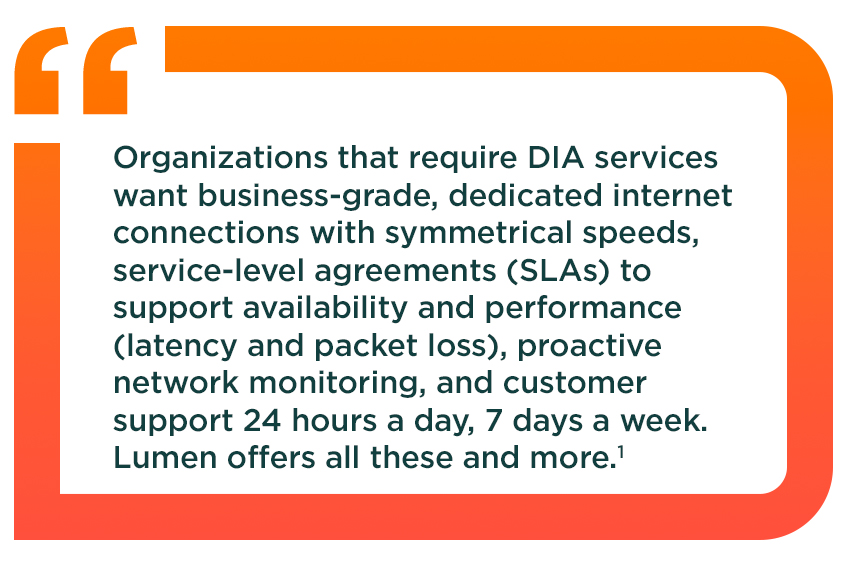 Organizations that require DIA services want business-grade, dedicated internet connections with symmetrical speeds, service-level agreements (SLAs) to support availability and performance (latency and packet loss), proactive network monitoring, and customer support 24 hours a day, 7 days a week. Lumen offers all these and more.