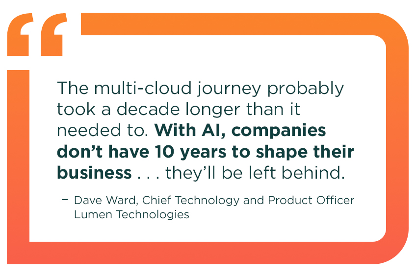 A rectangular orange border with an enlarged, orange quotation mark in the top left corner surrounds a pullout text quote from Dave Ward that reads: The multi-cloud journey probably took a decade longer than it needed to. With AI, companies don’t have 10 years to shape their business . . . they’ll be left behind.
