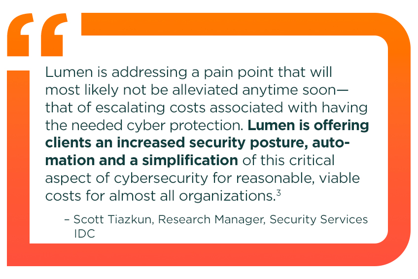 call out quoteLumen is addressing a pain point that will most likely not be alleviated anytime soon—that of escalating costs associated with having the needed cyber protection. Lumen is offering clients an increased security posture, automation and a simplification of this critical aspect of cybersecurity for reasonable, viable costs for almost all organizations. End quote. Scott Tiazkun, Research Manager, Security Services, IDC.