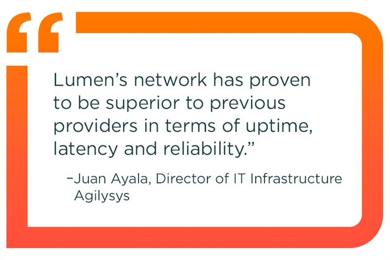 Callout quote from Juan Ayala, Director of IT Infrastructure at Agilysys, stating that Lumen’s network has proven to be superior to previous providers in terms of uptime, latency and reliability. 