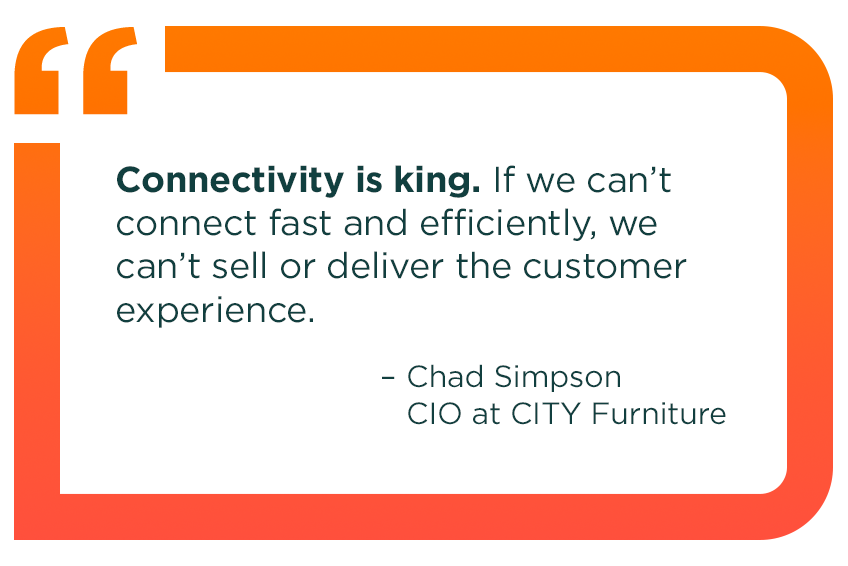 Quote callout from Chad Simpson, CIO at CITY Furniture: “Connectivity is king. If we can’t connect fast and efficiently, we can’t sell or deliver the customer experience.”