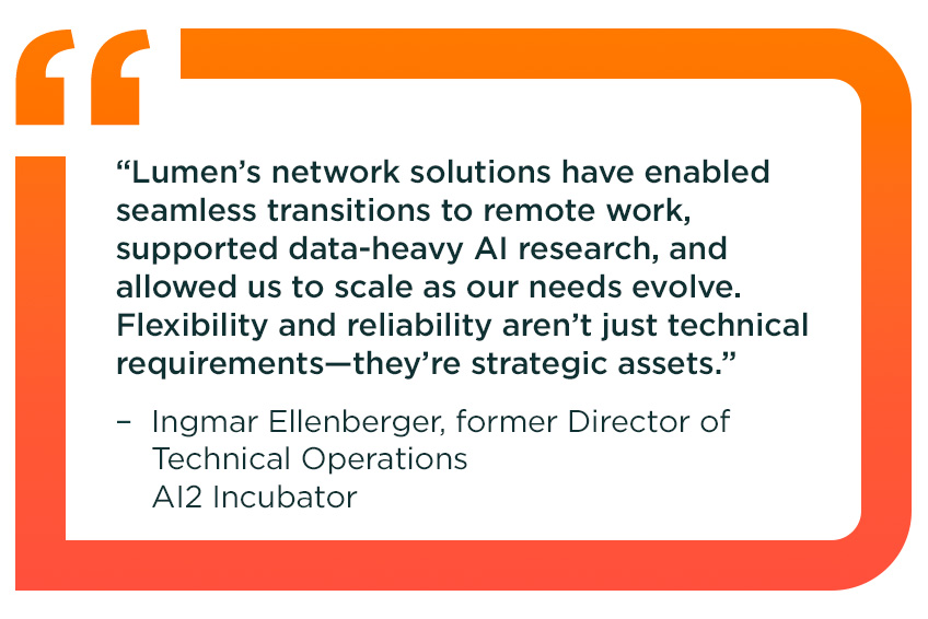 Quote from former AI2 Incubator Director of Technical Operations Ingmar Ellenberger: Lumen network solutions have enabled seamless transitions to remote work, supported data-heavy AI research and allowed us to scale as our needs evolve. Flexibility and reliability aren’t just technical requirements. They’re strategic assets.