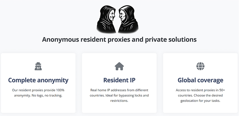 Promotional graphic for a residential proxy service titled “Anonymous resident proxies and private solutions” highlighting features for complete anonymity, residential IP addresses and global coverage across multiple countries.