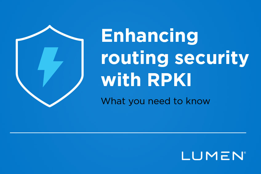 A slide with a blue background titled "Enhancing routing security with RPKI" and a subtitle "What you need to know," featuring a shield icon with a lightning bolt and the Lumen logo