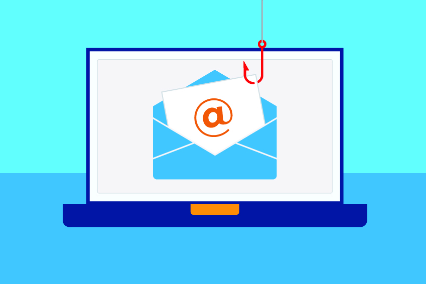 Illustration of laptop showing an email with a fishing line over it.