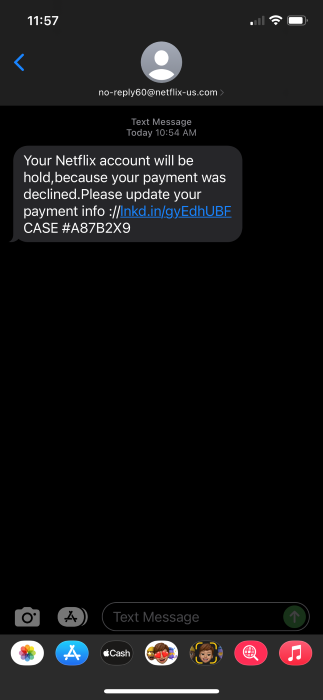 phishing example via text - your Nextflix account...