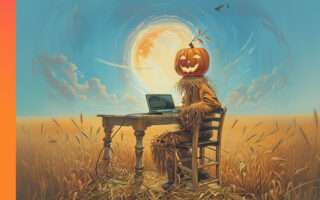 A whimsical depiction of a scarecrow with a jack-o-lantern head, seated at a desk with an open laptop in the middle of a cornfield.