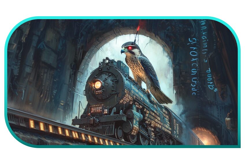 An illustrated image of a bird of prey with red glowing eyes on top of a train entering a dark tunnel.