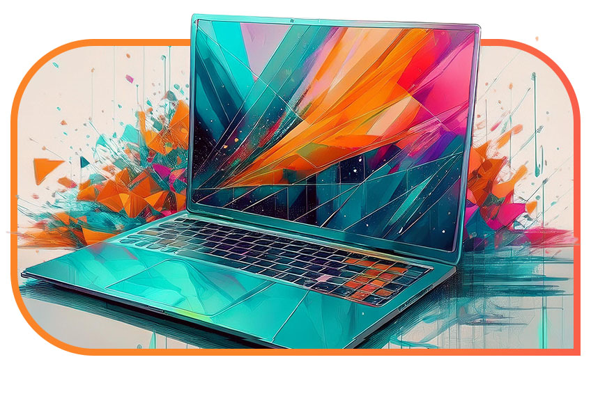 Blue illustrated laptop with an abstract collage of teal, orange, pink and purple colors on screen.