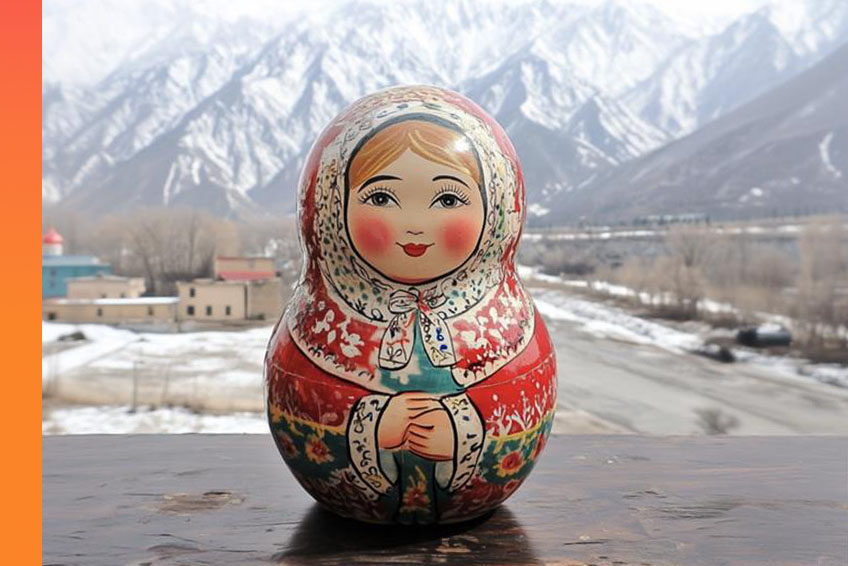 A nesting doll with a snowy mountain in the background.